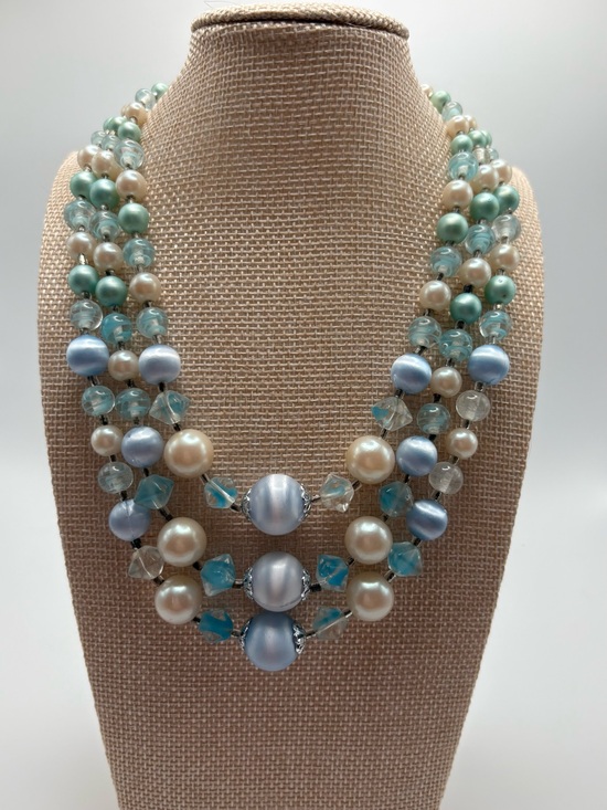 Jewelry - Multi-Strand Blue Pearl and Aqua Crystal Necklace - Women Jewelry